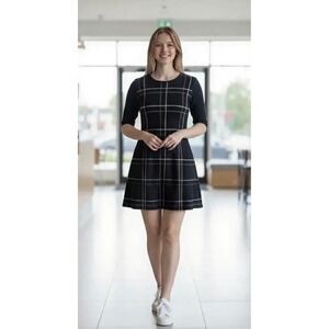Apricot Women's Black Plaid Fit and Flare Knit Dress Black/Gray US Small‎